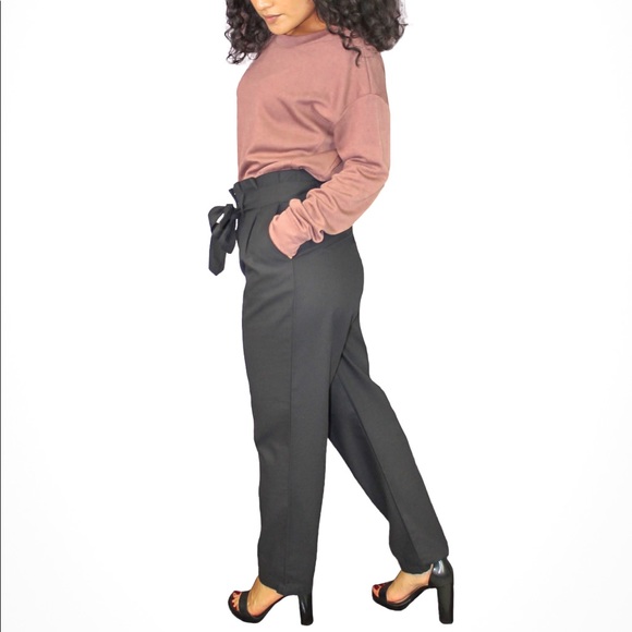 PAPER-BAG WAIST BELTED TAPERED PANTS - Picture 3 of 5